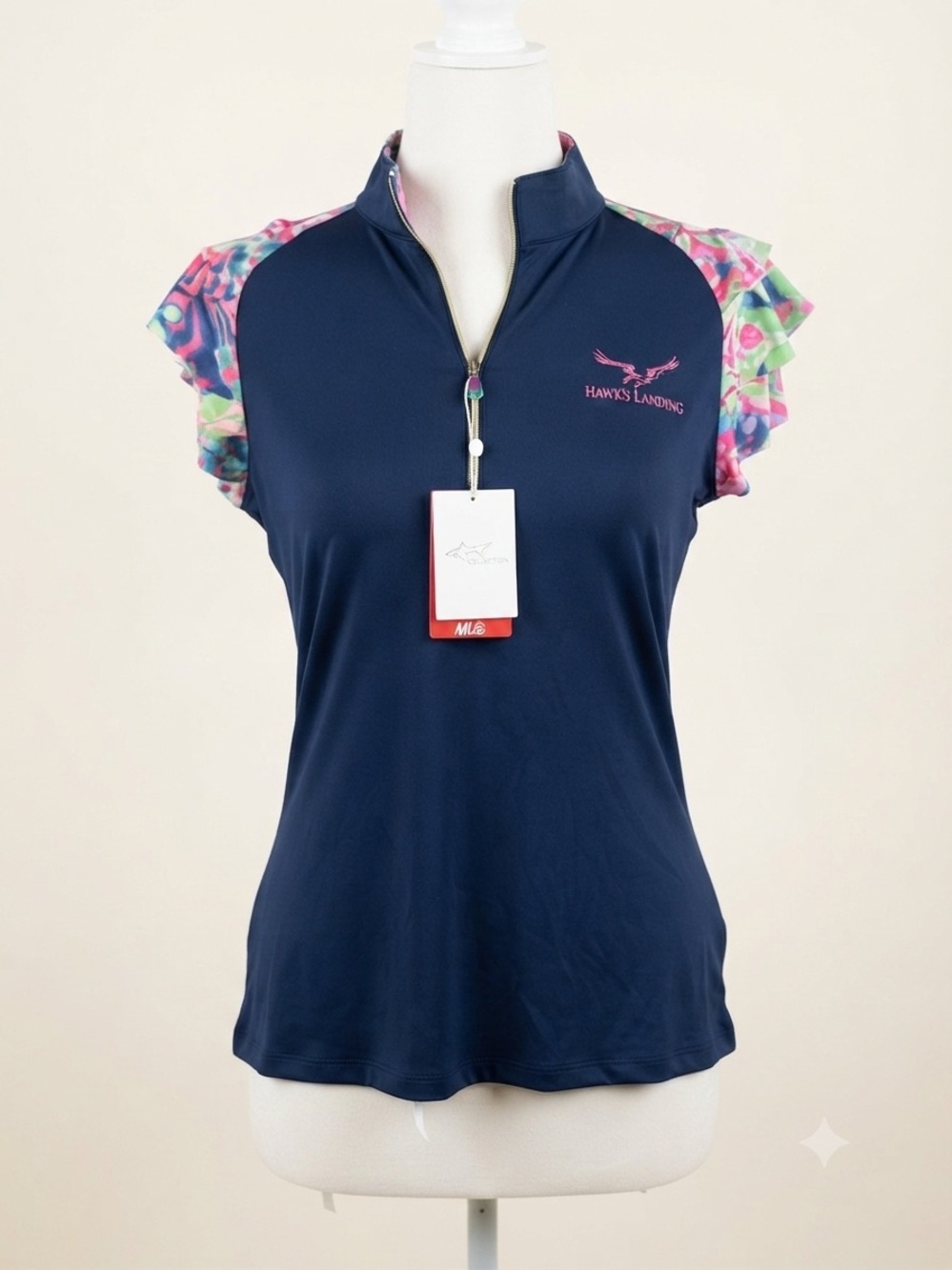 Greg Norman Collection Navy Quarter-Zip Tank with Multicolor Floral Cap Sleeves